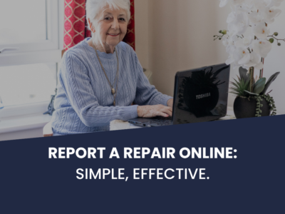 Retiree lady at her laptop in her rental apartment